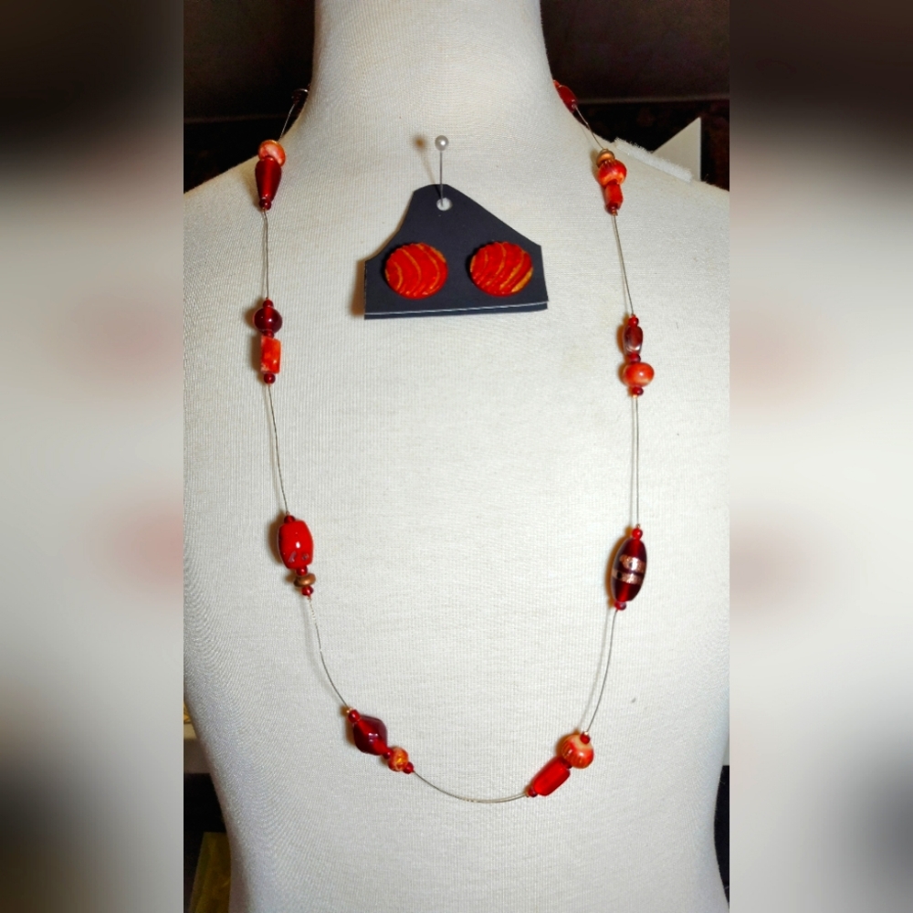 Long Red Orange Gold Beaded Necklace and Earring Set NWOT